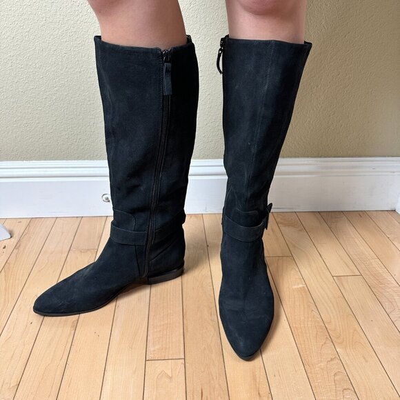 NINE WEST Black Suede Flat Riding Boot Size 8.5M Pointed Toe - Picture 3 of 16